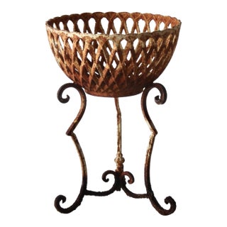 Vintage Cast Iron Rustic Basket Style Plant Stand Patina Mid-Century For Sale