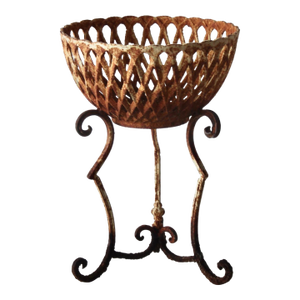 Vintage Cast Iron Rustic Basket Style Plant Stand Patina Mid-Century
