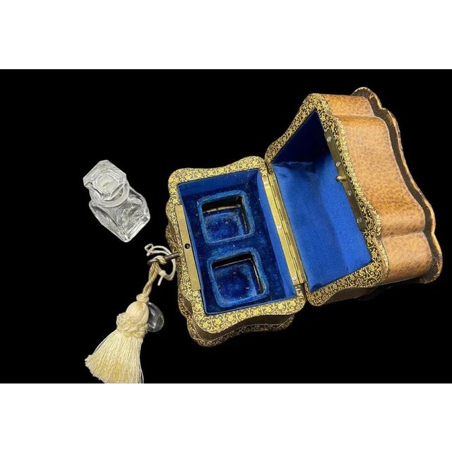 Antique Traveling Perfume Bottle in Leather Bound Ornate Case and Blue Velvet, 1800s For Sale - Image 4 of 12