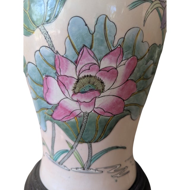 Antique Chinoiserie Porcelain Enamel Lotus Flower Vase Lamp For Sale - Image 14 of 18