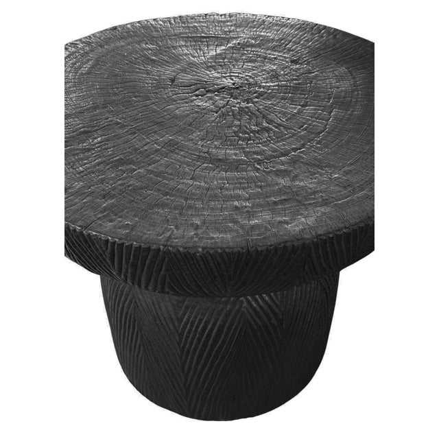Wood Sculptural Round Table Crafted From Solid Mango Wood, Burnt Finish For Sale - Image 7 of 9
