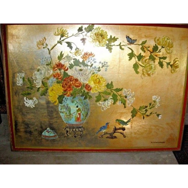 Vintage Oriental Asian Silver Gilt Floral Picture Painting by r.j. Schellanbach For Sale In Los Angeles - Image 6 of 11