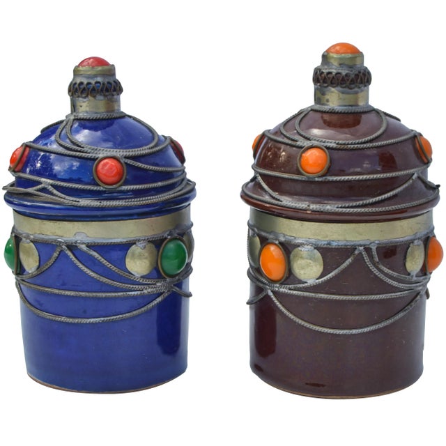 Late 20th Century Moroccan Ceramic Jars W/ Inlay, S/2 For Sale - Image 5 of 5