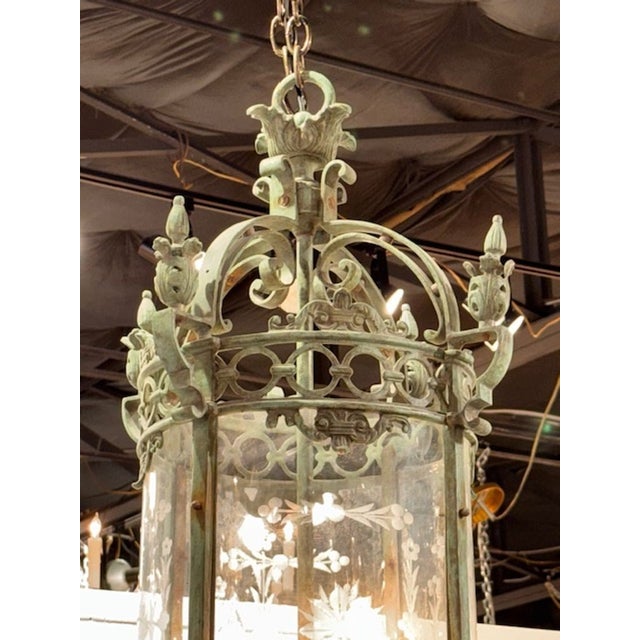 Antique English Pantinated Iron Lantern With Etched Glass For Sale - Image 4 of 7