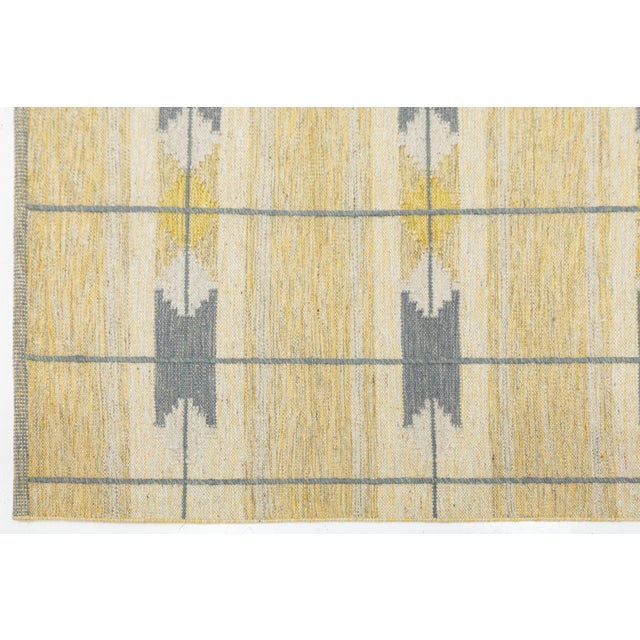 Swedish Style Flat-Weave Wool Rug in Warm Gold, Soft Grey, and Ivory Geometric For Sale - Image 9 of 12