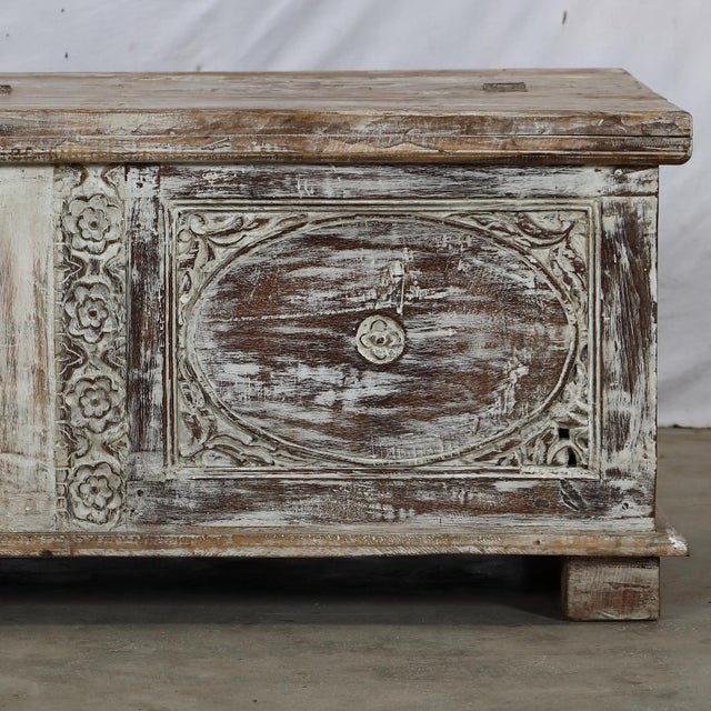 "Bed Bench"/Blanket Chest made from Reclaimed Indian Architectural Elements, The beautifully carved front with 3 oval...