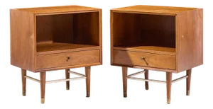 Paul McCobb Style Furnette Mid Century Walnut and Brass Nightstands - Pair