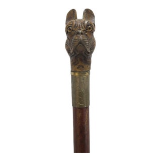 Victorian Bulldog Dog Head With Realistic Eyes Carved Wood Walking Stick Cane For Sale