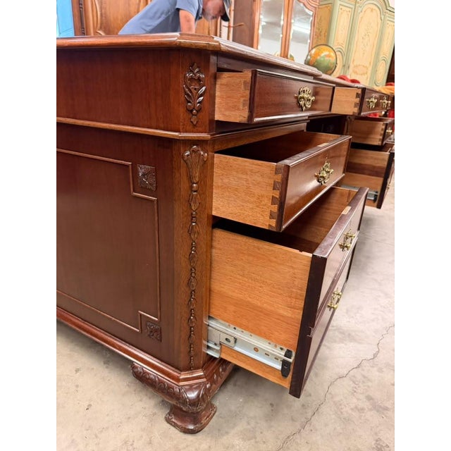 Mid-20th Century Chippendale Style Mahogany Partners Executive Desk With Embossed Leather Top, Circa 1950s For Sale - Image 10 of 18