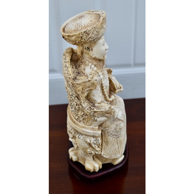 Plastic Vintage Emperor Resin Statue Chinese Faux Ivory Carved Figurine Dragon Throne For Sale - Image 7 of 15