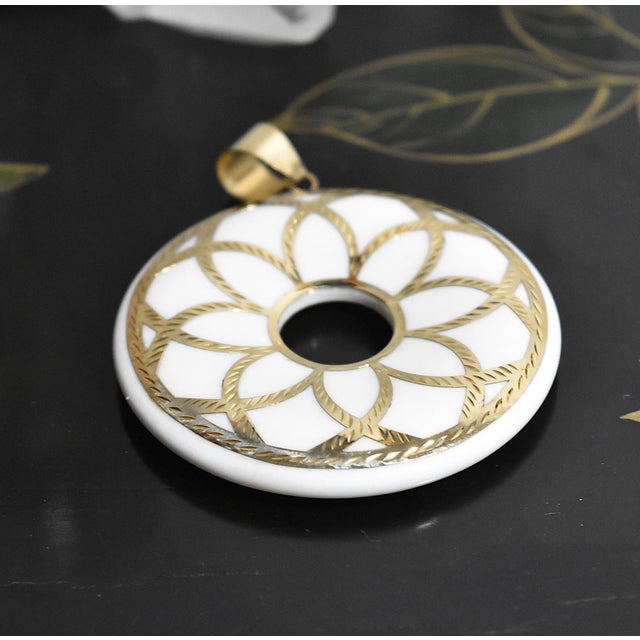 Contemporary Large Medallion 14k White Chalcedony Pendant For Sale - Image 3 of 14