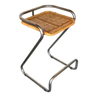 1970s Italian Chrome & Rattan Counter Stool For Sale