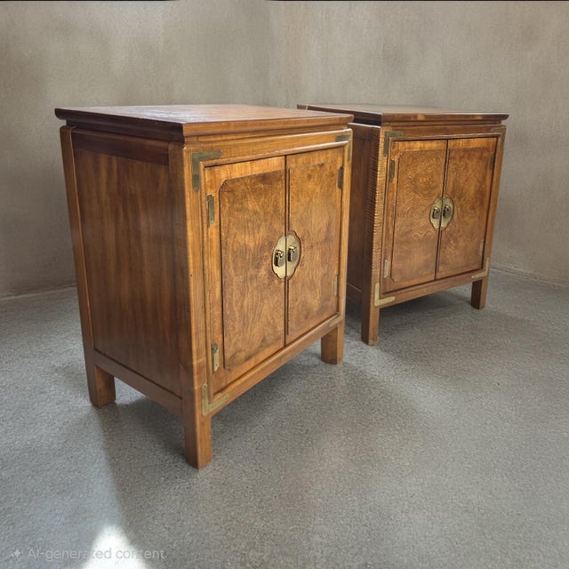 Thomasville Vintage Thomasville Burl Wood Asian Modern Nightstands With Brass Hardware - Pair For Sale - Image 4 of 12