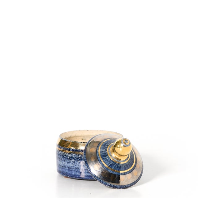 French decorative jar by ceramicist Georges Pelletier (circa 1970s). Handmade, gleaming, enameled ceramic in rich blues...