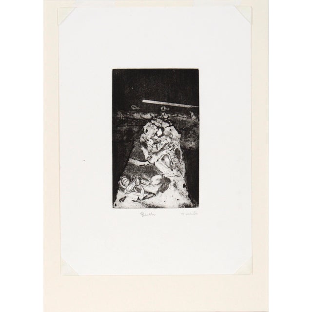 "Birth" by Tomoya Uchida (American, 20th Century). This piece is mostly abstract, high-contrast organic shapes, with the...