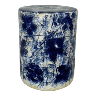 Made Goods Abstract Modern Navy, White, and Cream Linares Garden Stool For Sale