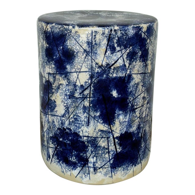 Made Goods Abstract Modern Navy, White, and Cream Linares Garden Stool For Sale