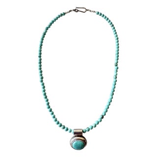 Turquoise Beaded Necklace With Sterling Silver and Turquoise Pendant For Sale
