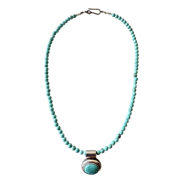 Turquoise Beaded Necklace With Sterling Silver and Turquoise Pendant For Sale