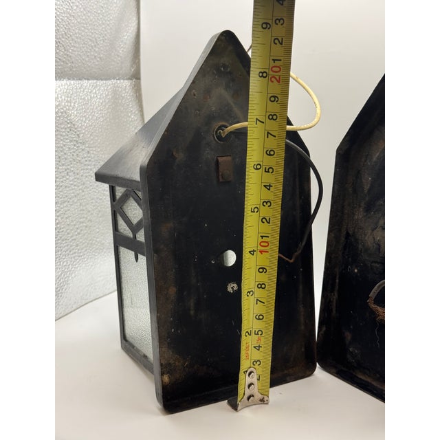 Metal Vintage Arts Crafts Porch Sconces Pair Mid Century Lights Frosted Glass Lamps Cottage Arts and Crafts - a Pair For Sale - Image 7 of 14