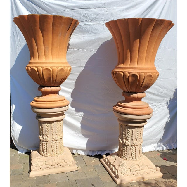 Pair of Large Terracotta Italian Urns "Ref Impruneta " on Carved Jodhpur Sandstone Pedestals For Sale - Image 13 of 13