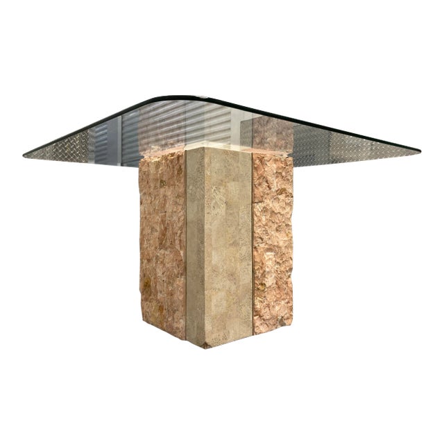Mid-Century Modern Maitland-Smith Style Tessellated Stone Pedestal Base Glass Top Side Table Manner of Casa Bique For Sale