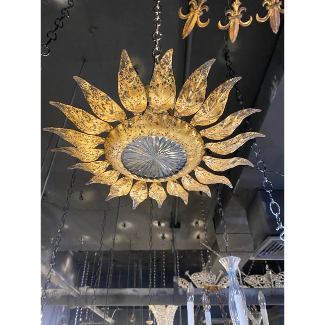 1930’s French Gilt Metal Sunburst Flush Mount For Sale In New York - Image 6 of 6