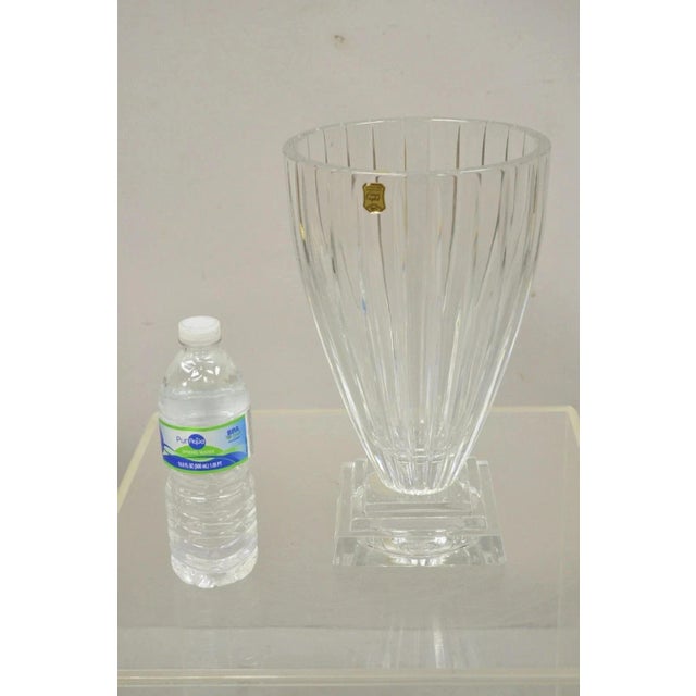 Vintage Lead Crystal Glass 12" Fluted Flower Vase, Made in Poland. Item features tapered form, stepped square base, thick...