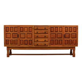 Large Brutalist Screwless Sideboard in Carved Oak, 1960s For Sale