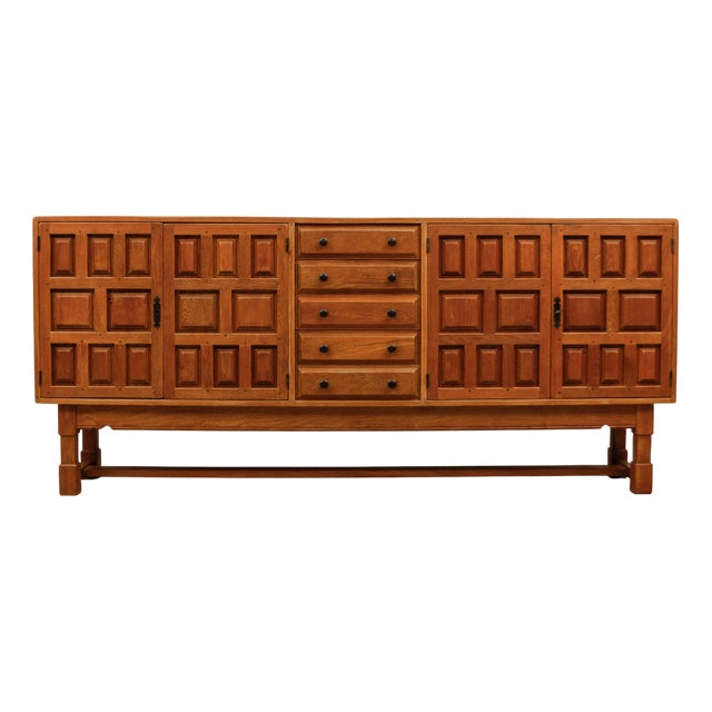 Large Brutalist Screwless Sideboard in Carved Oak, 1960s For Sale