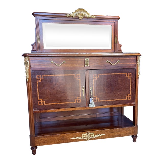 1930s Marble and Mirrored Top French Server With Gilt Bronze Ormolu For Sale