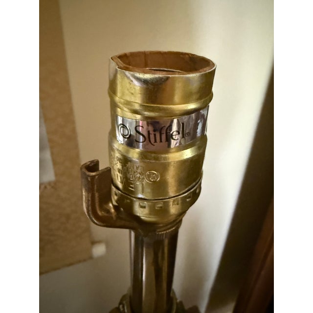 Hollywood Regency Curated Pair of Monumental Vintage Stiffel Neoclassical Brass Table Lamps With Custom Black Shades For Sale - Image 3 of 11