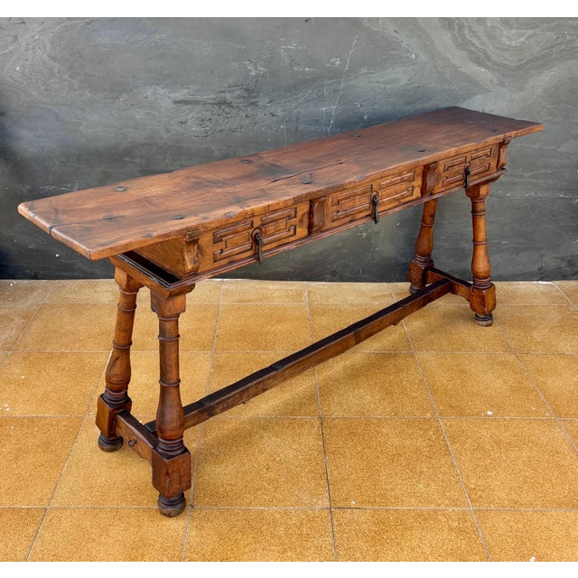 Rustic Spanish Renaissance Revival Three-Drawer Console Table, Early 20th Century For Sale - Image 3 of 18