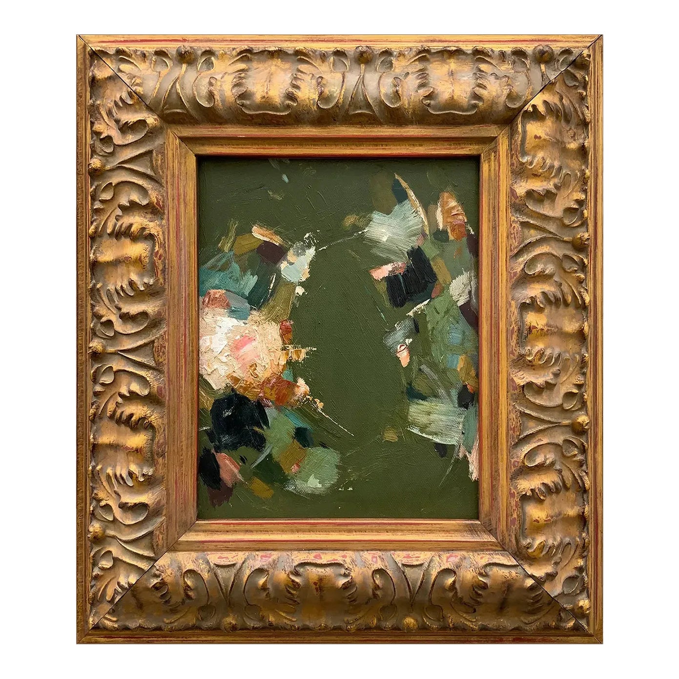 Forest Green Abstract Oil Painting in Vintage Frame | Chairish