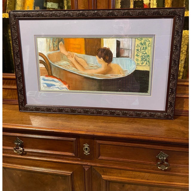 “In a Tub” Original Impressionist Style Figurative Interior Scene, Original Pastel Drawing, Framed For Sale - Image 6 of 6