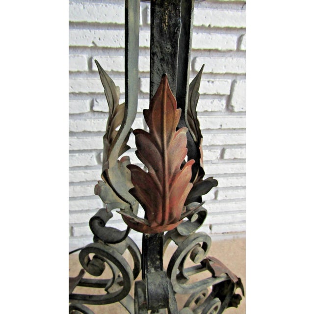 1920s French Art Deco Wrought Iron Scrollwork and Leaves Tripod Floor Lamp and Shade For Sale - Image 15 of 17