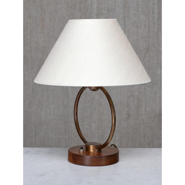 Mid-Century Modern Scandinavian Modern Ring Table Lamp in Brass, Walnut and Silk, Sweden, 1940s For Sale - Image 3 of 11
