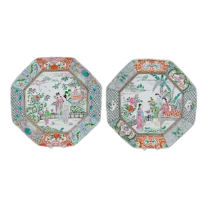 Pair of Large Antique Chinese Qing Famille Rose Porcelain Chargers Plates 1850