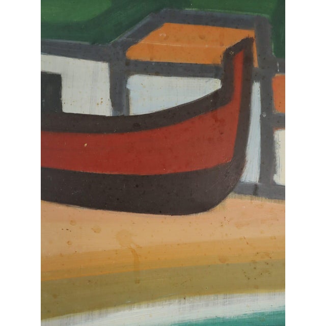 Mid-Century Modern 'Boats at Rest' Vintage Original Coastal Landscape Oil Painting, Framed For Sale - Image 9 of 12