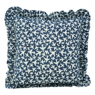 Fabdivine Handcrafted Block Print Frill Cushion Cover Blue 24x24 Inch Off-White Linen- Pushapak Viman For Sale
