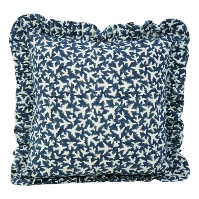 Fabdivine Handcrafted Block Print Frill Cushion Cover Blue 24x24 Inch Off-White Linen- Pushapak Viman For Sale