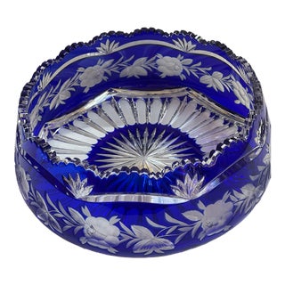 Mid 20th Century Czech Bohemian Cobalt Blue Cut to Clear Crystal Centerpiece Bowl For Sale