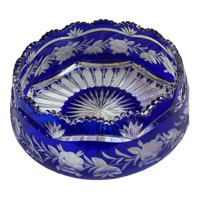 Mid 20th Century Czech Bohemian Cobalt Blue Cut to Clear Crystal Centerpiece Bowl For Sale