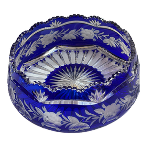 Mid 20th Century Czech Bohemian Cobalt Blue Cut to Clear Crystal Centerpiece Bowl