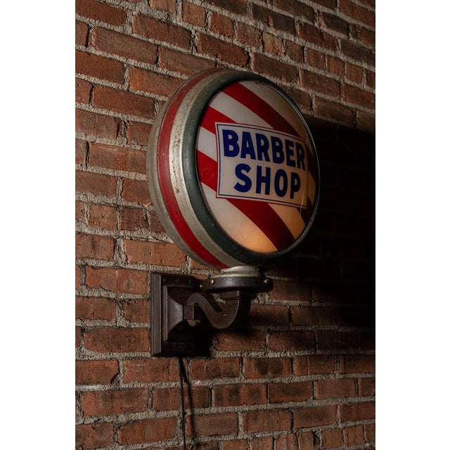 American Vintage Illuminated Barber Shop Bubble Sign With Red Stripe Glass Face For Sale - Image 3 of 7