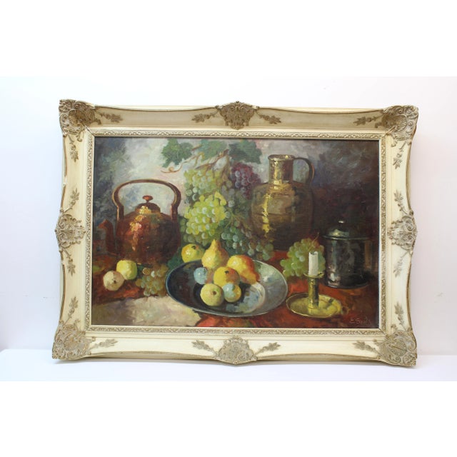E. Gert Fruit Still Life Painting W/Pitcher & Candelabra For Sale - Image 9 of 9