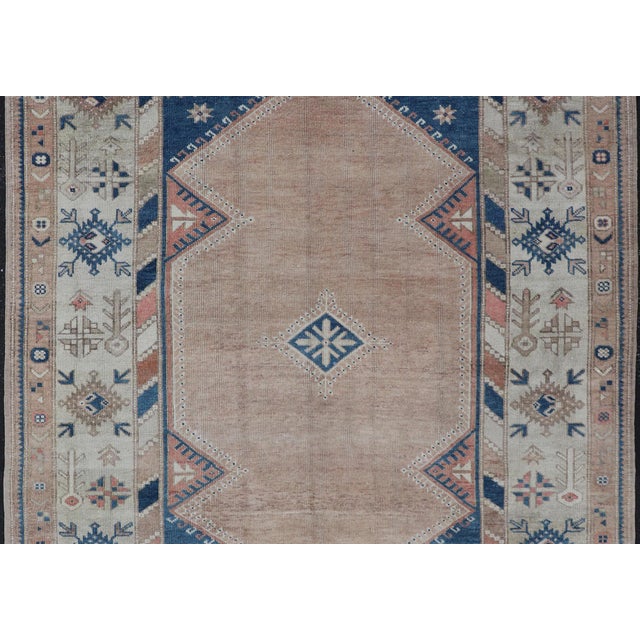 Mid 20th Century Vintage Turkish Oushak Rug With Elegant Blue and Soft Peach Motifs 5'7 X 7'8 For Sale - Image 5 of 10