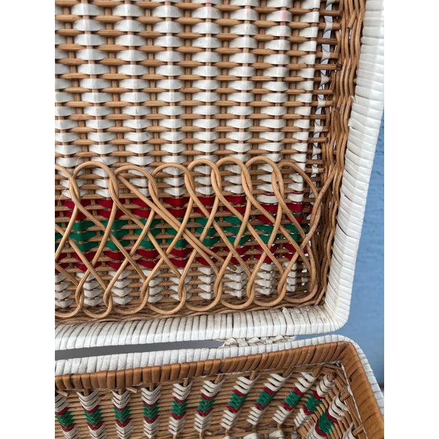 Vintage Wicker and Vinyl Rattan Picnic Basket Red Green and White Picnic Basket Suitcase For Sale - Image 4 of 12