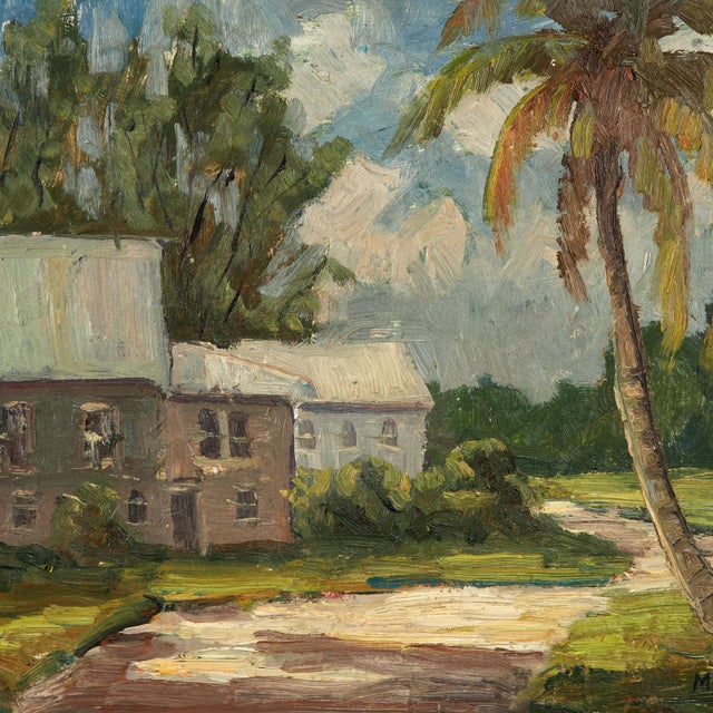 Mid 20th Century Vintage Tropical Landscape Painting With Houses by Melville F. Stark For Sale - Image 5 of 12