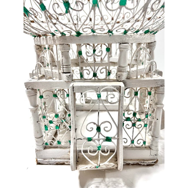 Vintage French Whitewashed Metal Birdcage With Green Glass Jewel Accents For Sale - Image 9 of 12